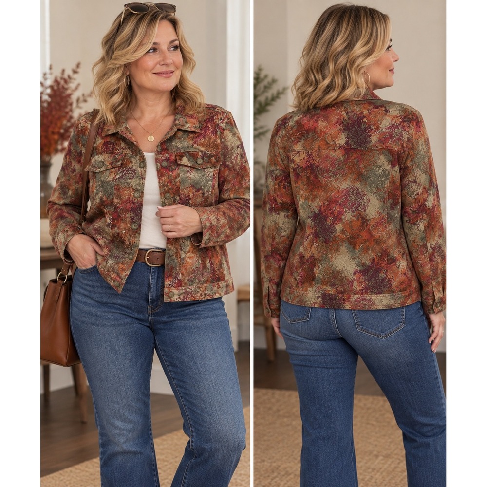 Christopher & Banks L Botanical Leaf Stretch Jacket -Boho Artisan-Autumn